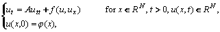 \cases u_{t} = A u_{xx} + f(u, u_{x}) &\text{for } x \in {\Bbb R},
\ t>0,\ u(x,t) \in {\Bbb R}^N,\\
u(x,0) = \varphi (x),
