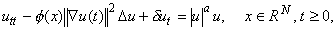 u_{tt}-\phi (x)\Vert\nabla u(t)\Vert^{2}\Delta u+\delta u_{t} =
 |u|^{a}u,\quad x\in {\Bbb R}^N,\ t\geq 0,