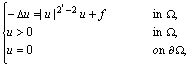 \cases
-\Delta u = \vert u\vert ^{2^*-2}u+f &\text{\rm in }\Omega,\\
u> 0 &\text{\rm in }\Omega,\\
u= 0 &\text{\rm on }\partial\Omega