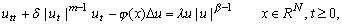 u_{tt} +\delta \vert u_t\vert ^{m-1}u_t -\phi (x)\Delta u = \lambda   
u\vert u\vert ^{\beta -1}, \quad x \in \Ren, \  t \geq 0,