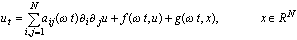 u_t=\sum_{i,j=1}^N a_{ij}(\omega t)\partial_i\partial_j u+f(\omega t,u)+ g(\omega t,x), \quad x\in\R^N